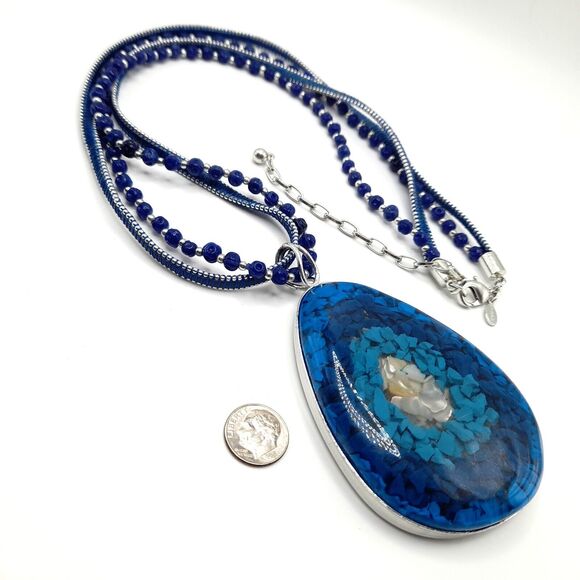 Chico's Faux Turquoise Chip Huge 4" Lucite Pendant Beaded Necklace 33" - Picture 3 of 11